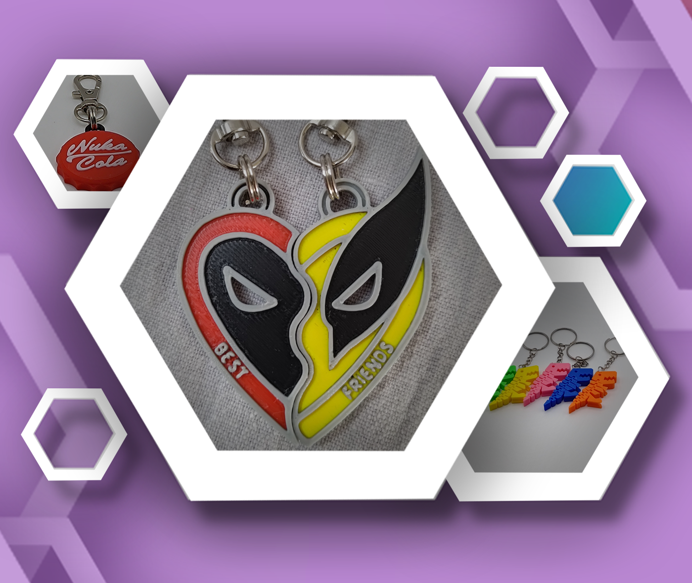 Artistic & Fun 3D-Printed Keychains image of 3D printed collage