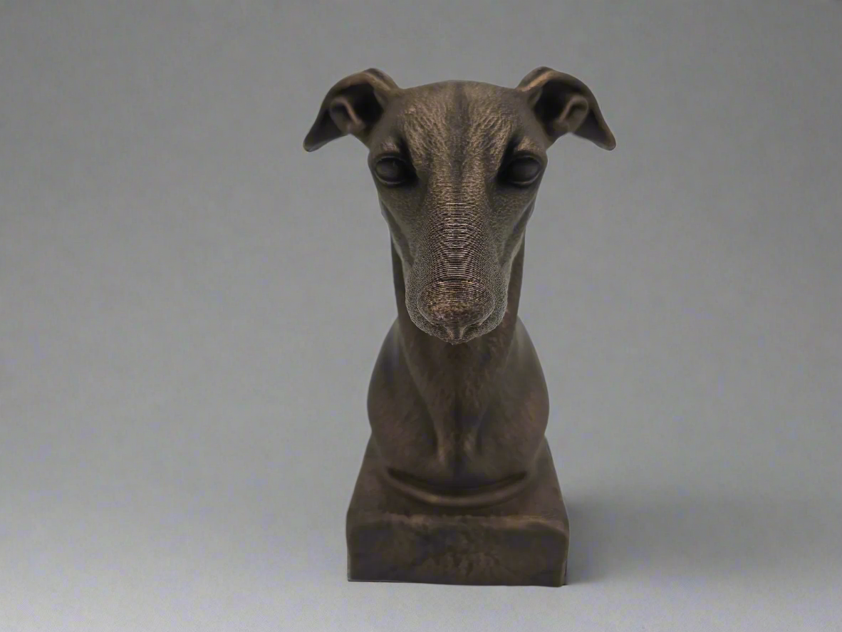 Bronze sculpture of a dog's head on a Grey background