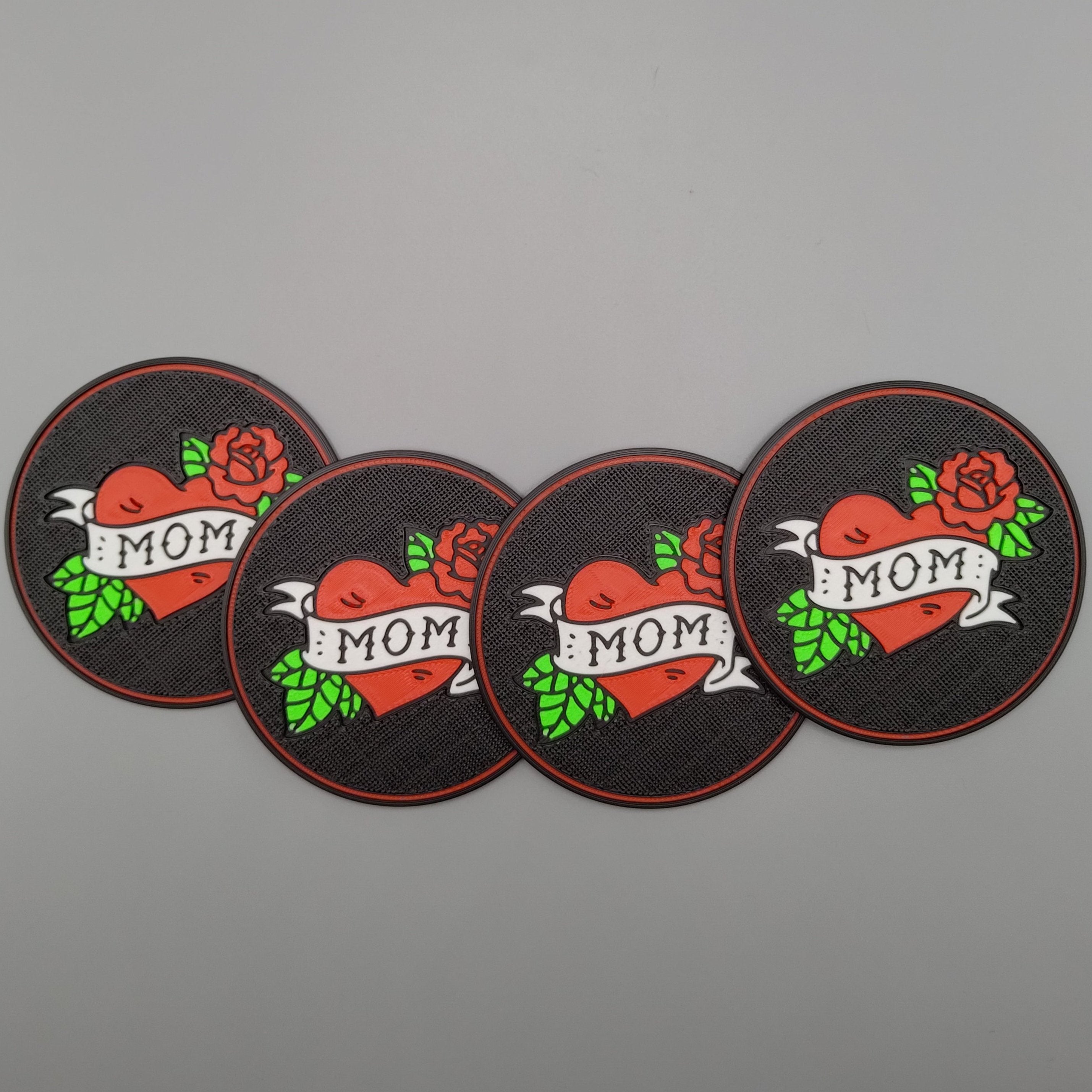 Drinks Coasters inspired by the Traditional tattoo style "MOM" - Fillywinkel