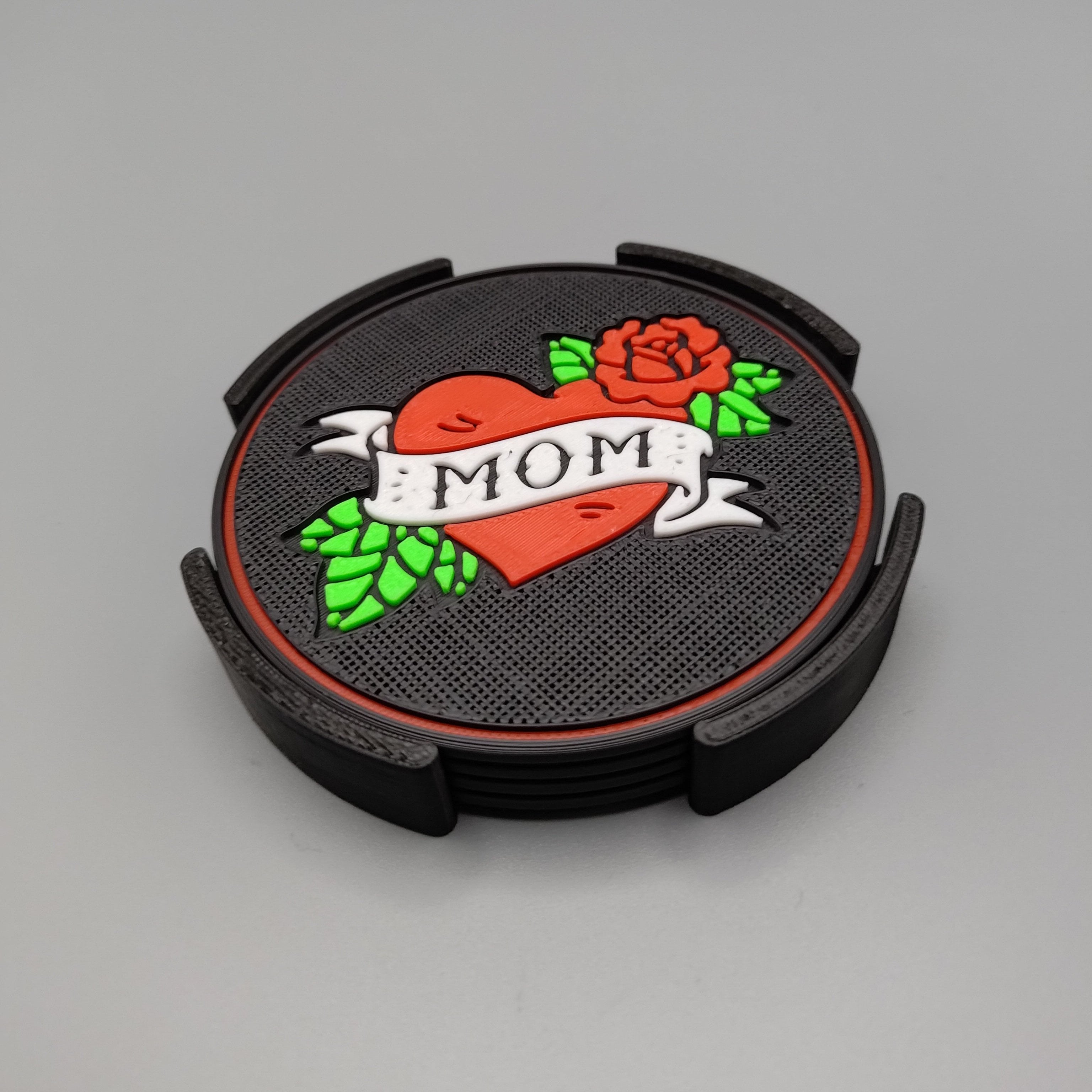 Drinks Coasters inspired by the Traditional tattoo style "MOM" - Fillywinkel