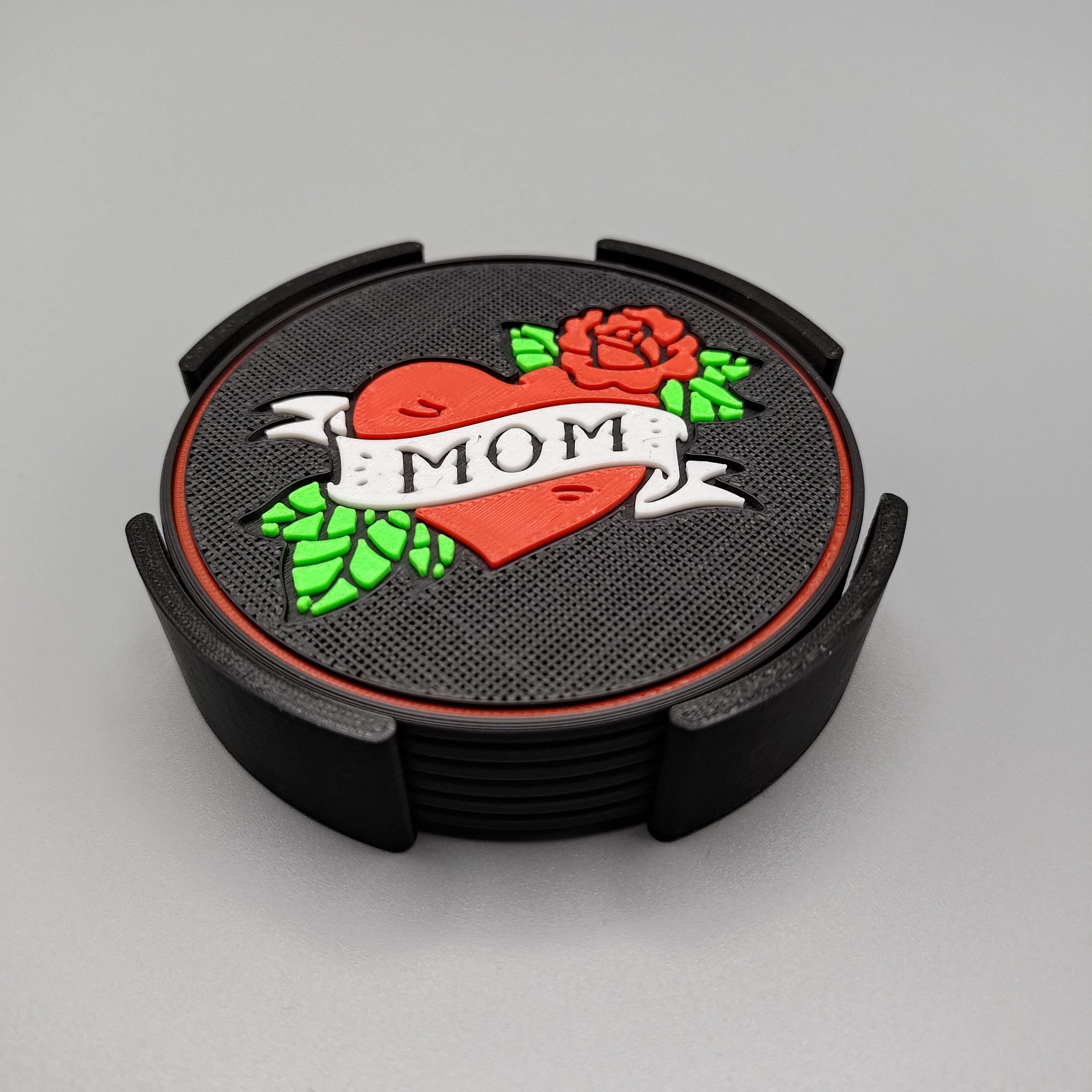 Drinks Coasters inspired by the Traditional tattoo style "MOM" - Fillywinkel