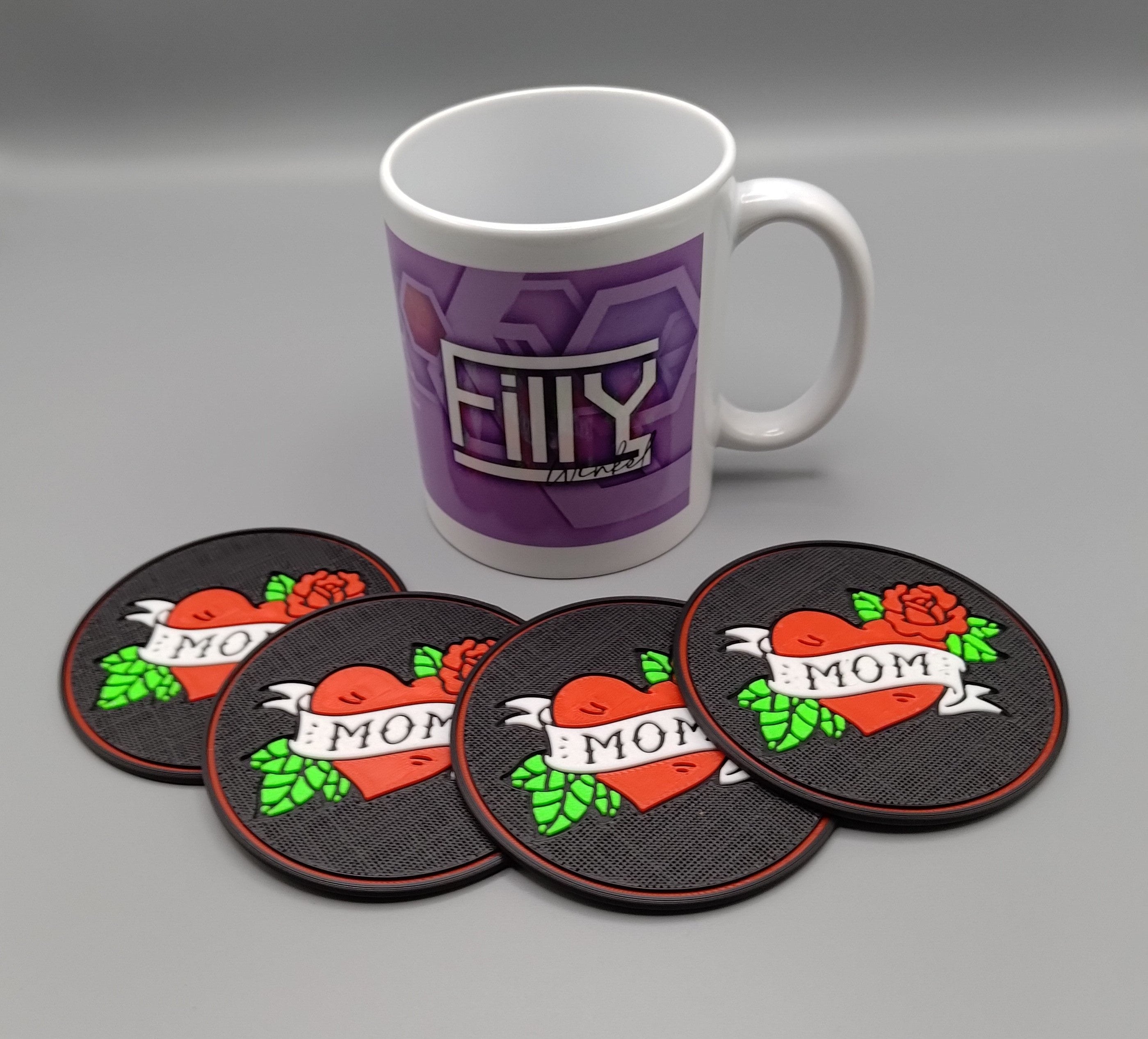 Drinks Coasters inspired by the Traditional tattoo style "MOM" - Fillywinkel