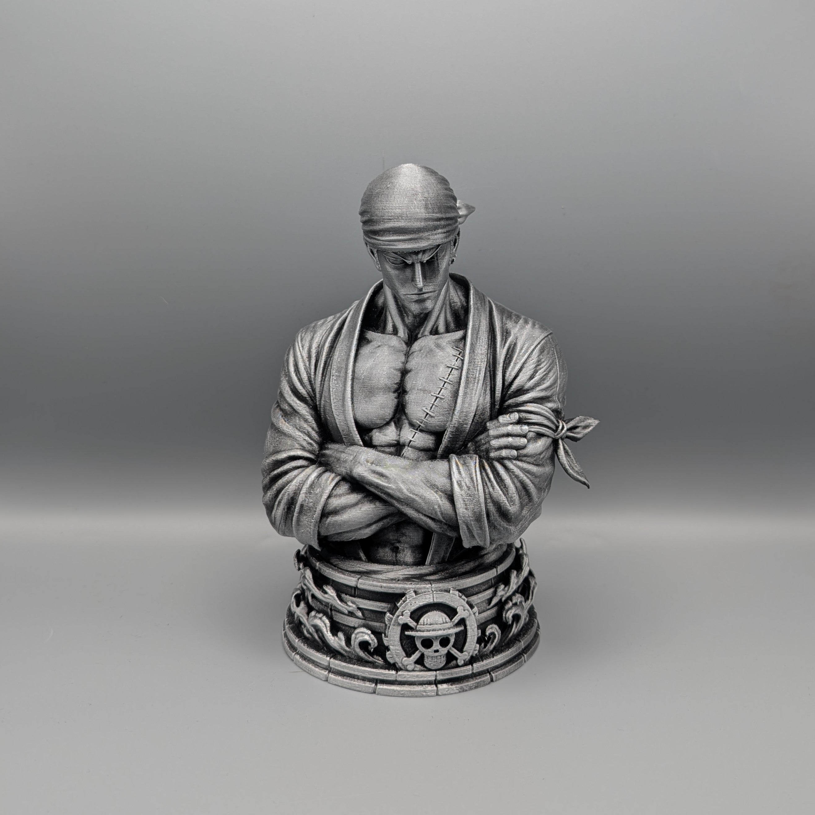 Roronoa Zoro anime bust with metallic silver finish front view