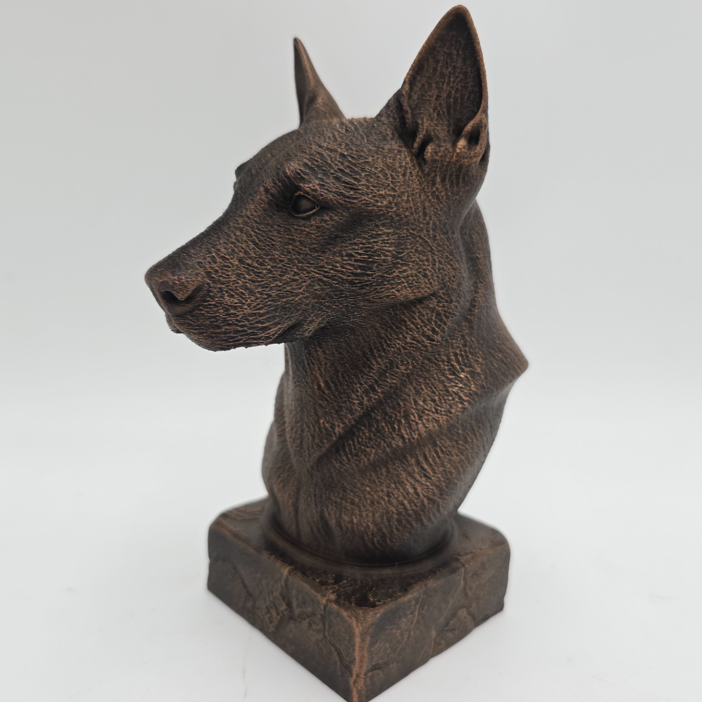 Bronze Belgian Malinois dog bust sculpture viewed from the front left, featuring detailed fur texture on a decorative pedestal.