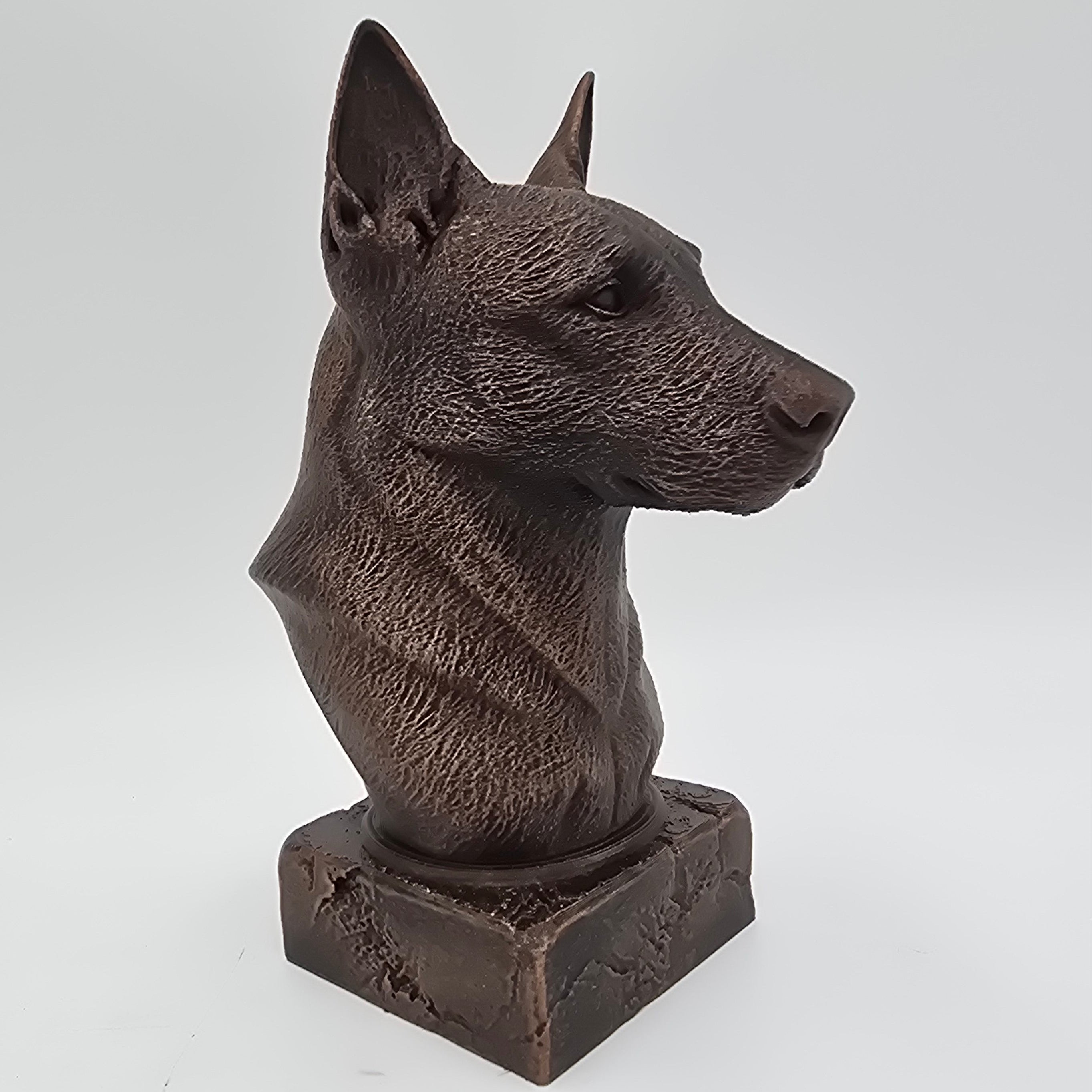 Bronze Belgian Malinois dog bust sculpture viewed from the front right, featuring upright ears and detailed fur texture on a decorative pedestal.