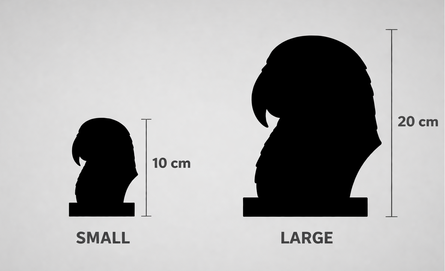 Bird bust size guide showing size difference between 10 cm and 20 cm sculptures