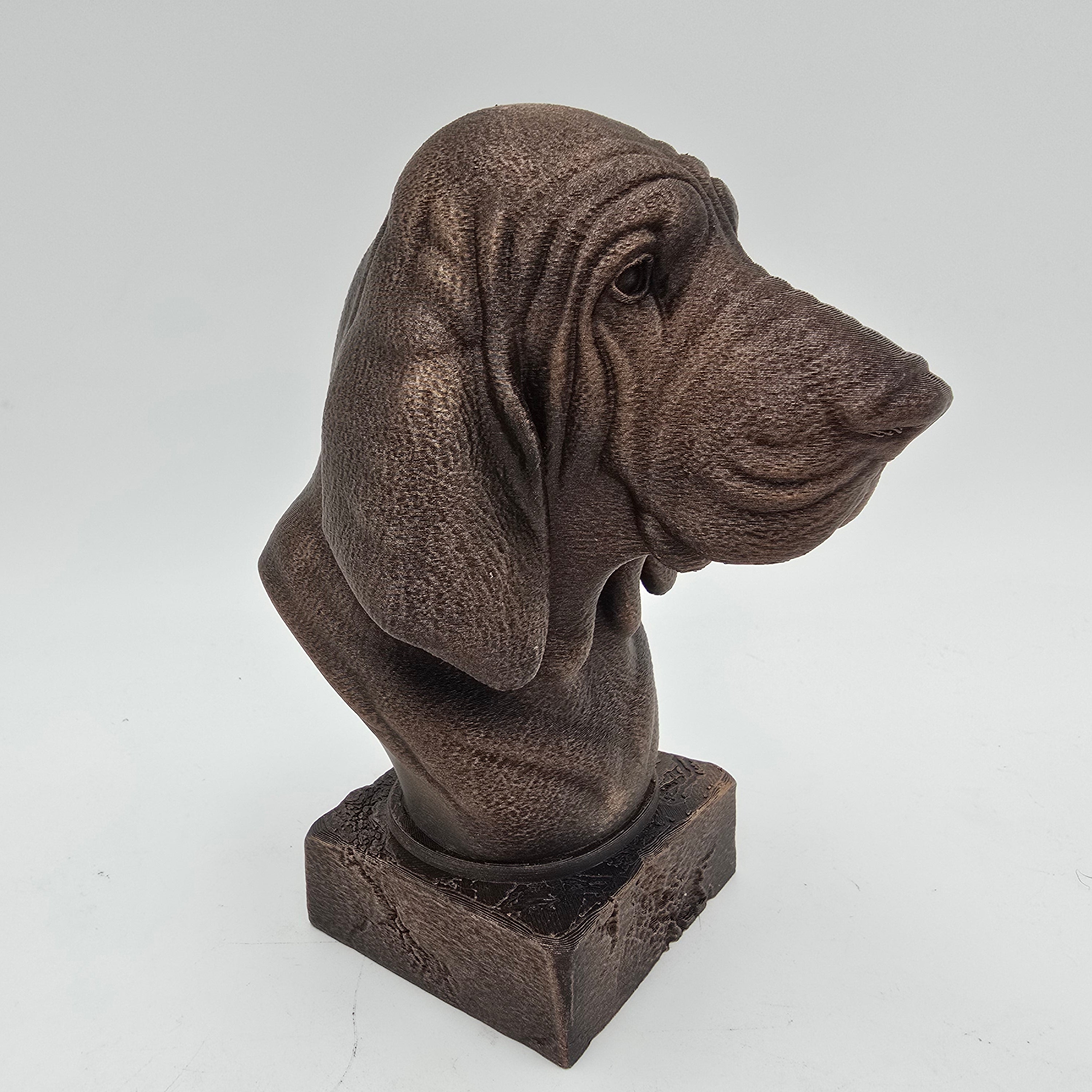 Bronze Bloodhound dog bust sculpture viewed from the front right, featuring long drooping ears and detailed facial folds.