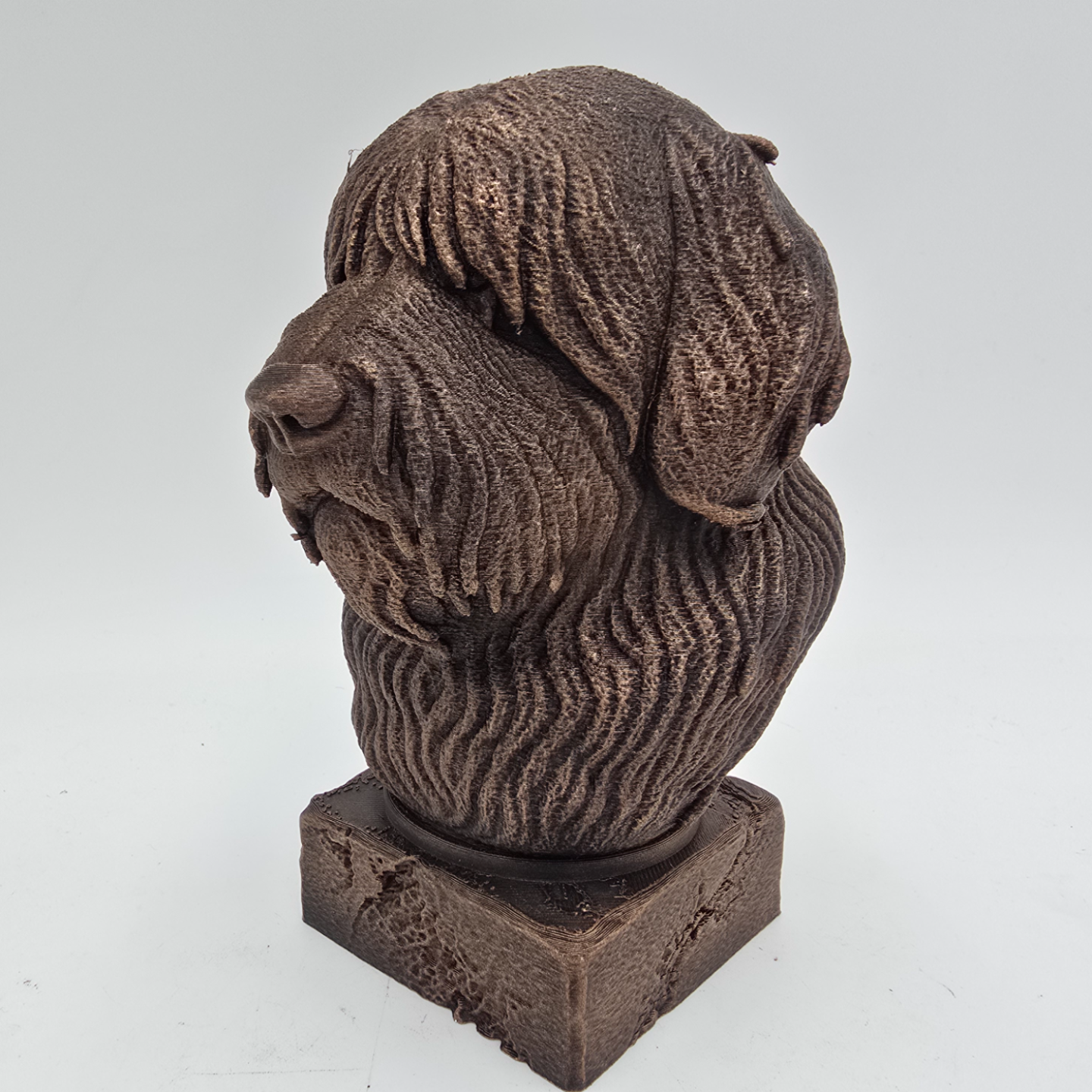 Bronze Bobtail dog bust sculpture viewed from the front left, featuring long shaggy fur and a decorative pedestal.