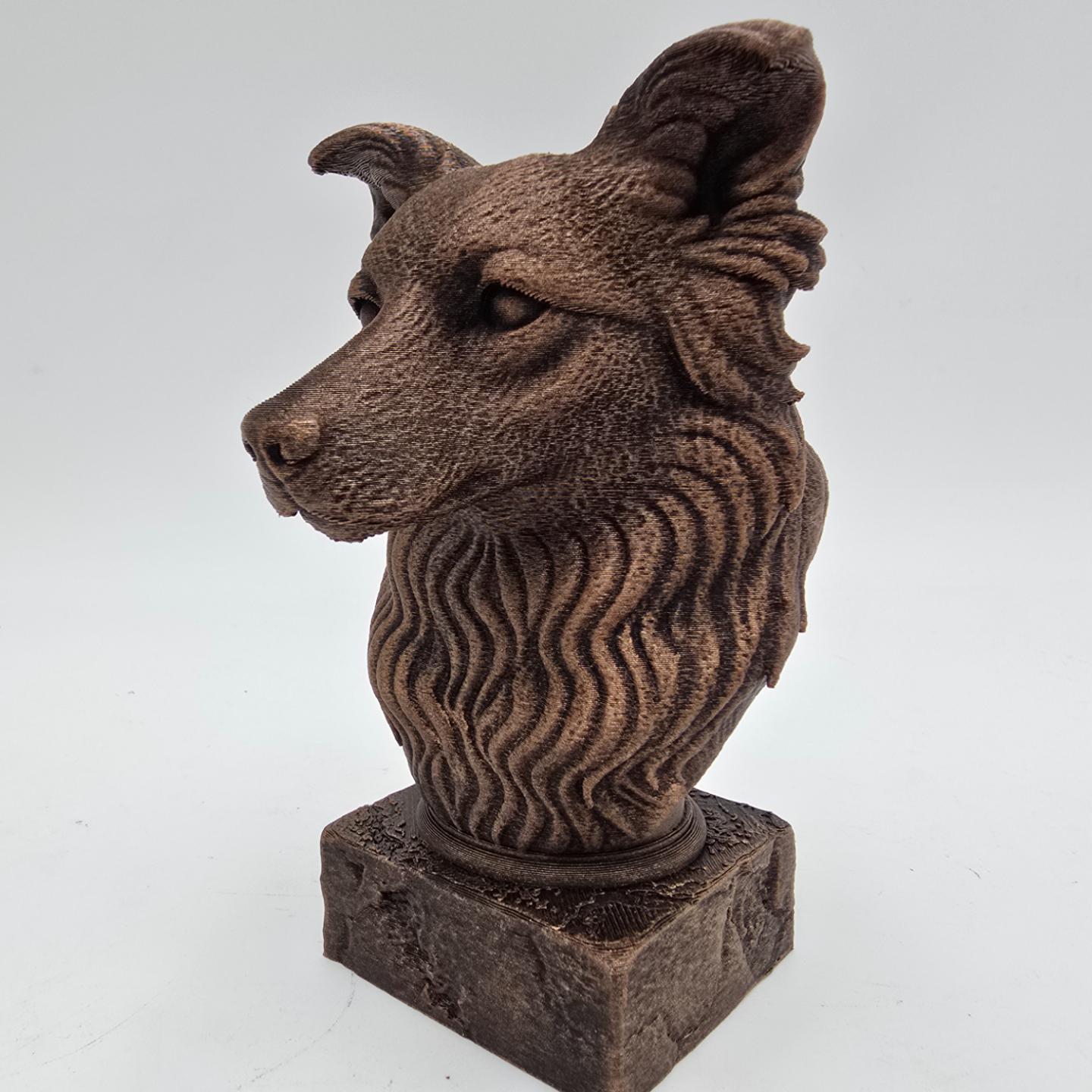 Bronze Border Collie dog bust sculpture viewed from the front left, featuring alert ears and detailed long fur on a decorative pedestal.