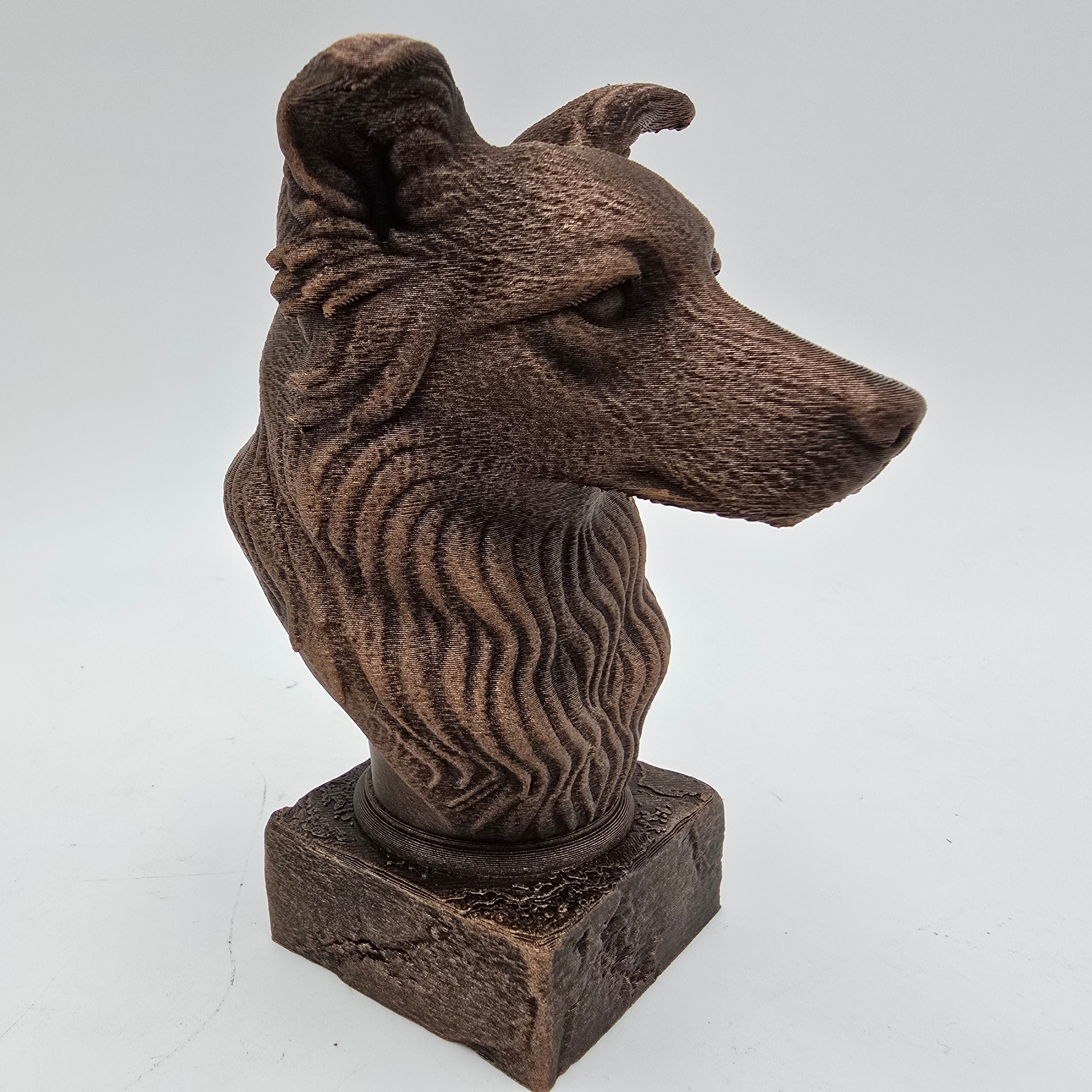 Bronze Border Collie dog bust sculpture viewed from the front right, featuring alert ears and detailed long fur on a decorative pedestal.