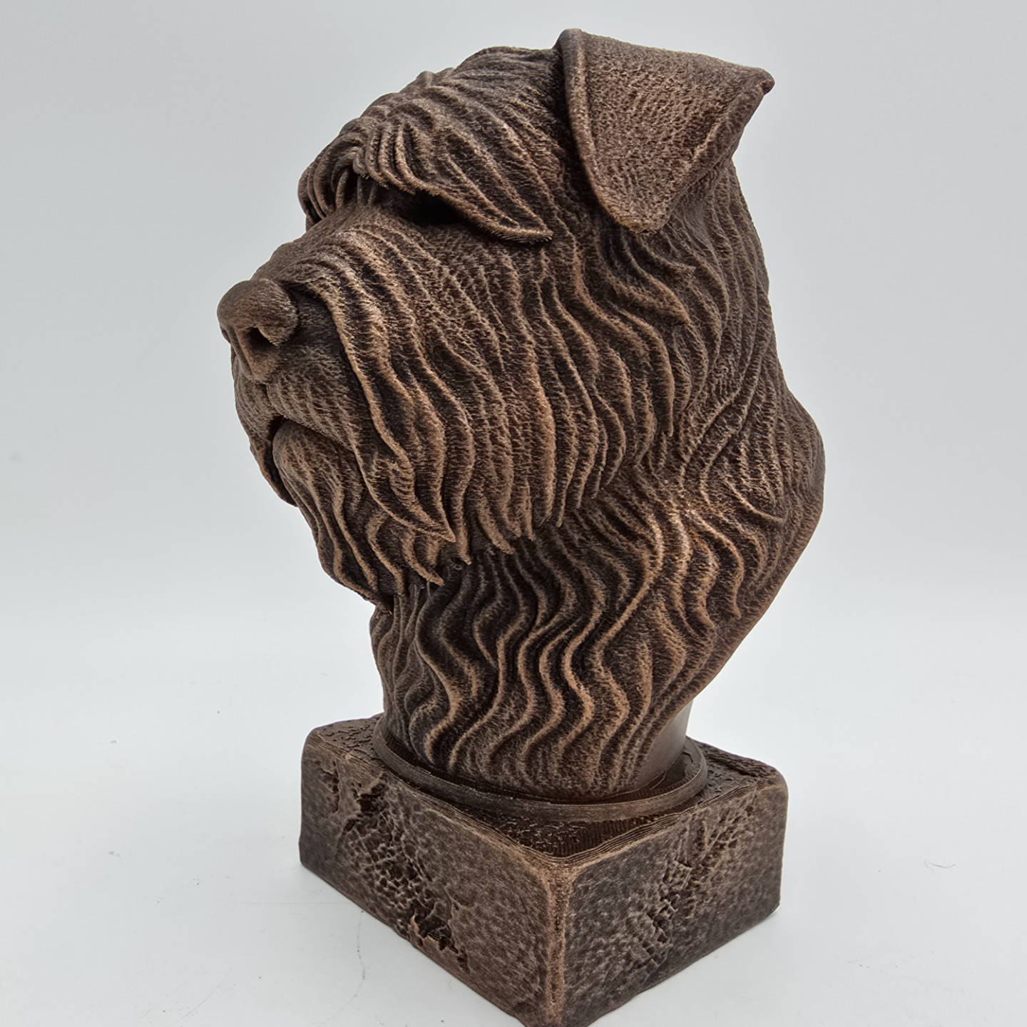 Bronze Bouvier des Flandres dog bust sculpture viewed from the front left, featuring detailed shaggy fur and a distinctive beard on a decorative pedestal.