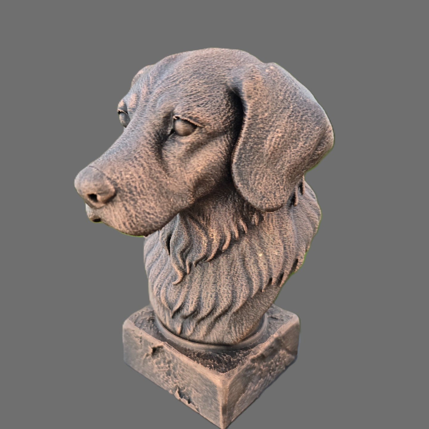 Bronze Brittany Spaniel dog bust sculpture viewed from the front left, featuring floppy ears and detailed feathered fur on a decorative pedestal.