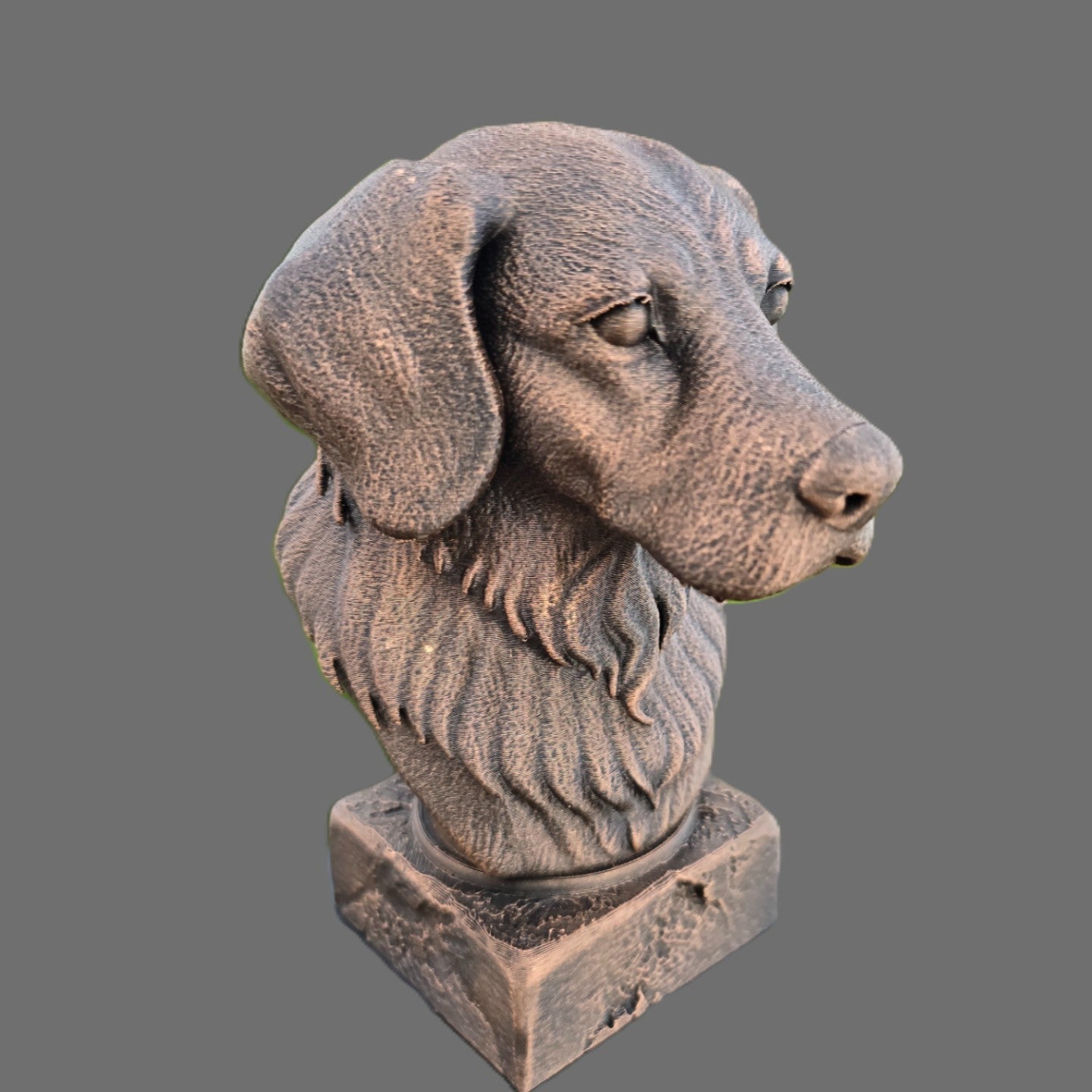 Bronze Brittany Spaniel dog bust sculpture viewed from the front right, featuring floppy ears and detailed feathered fur on a decorative pedestal.