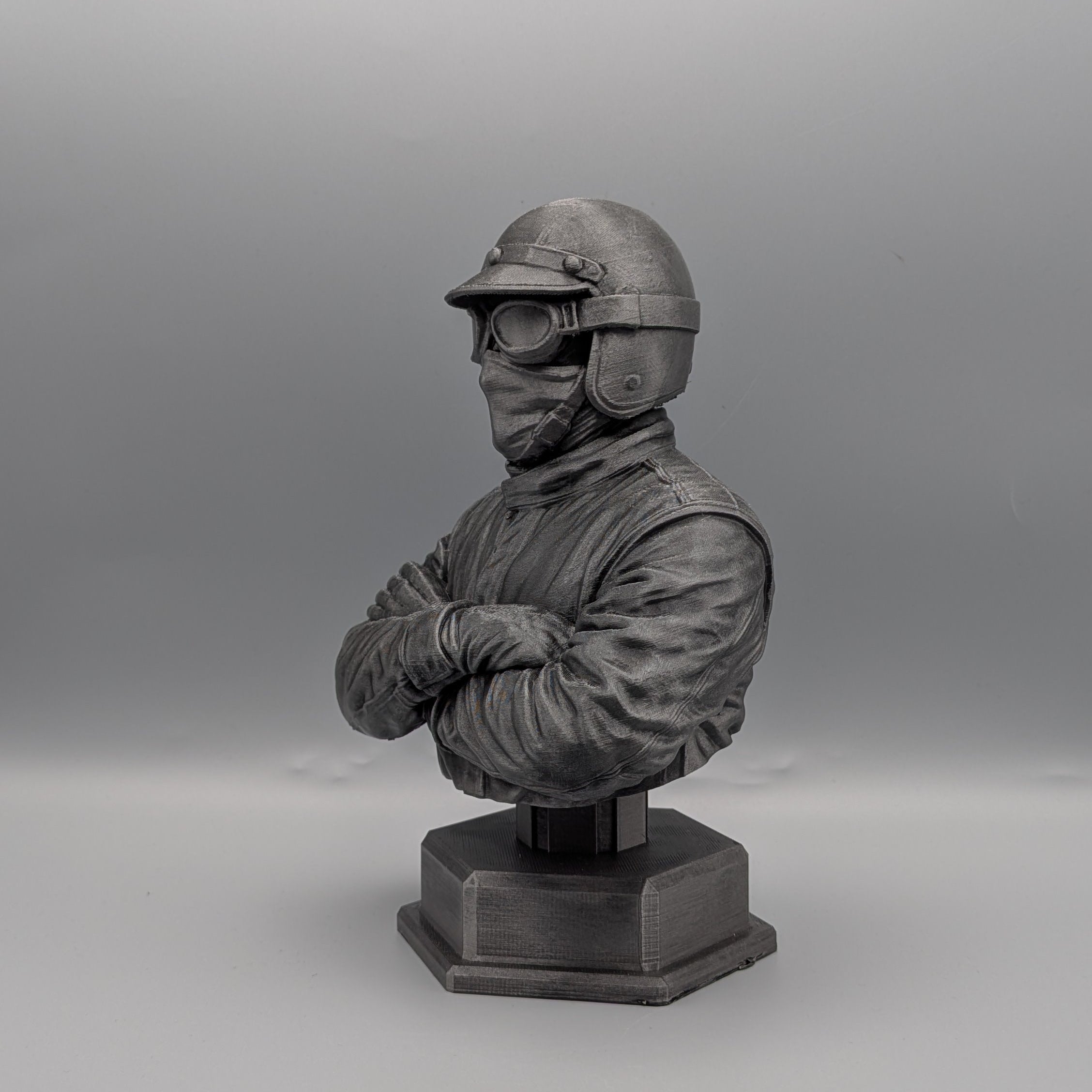 Vintage racer bust angled view highlighting posture and design