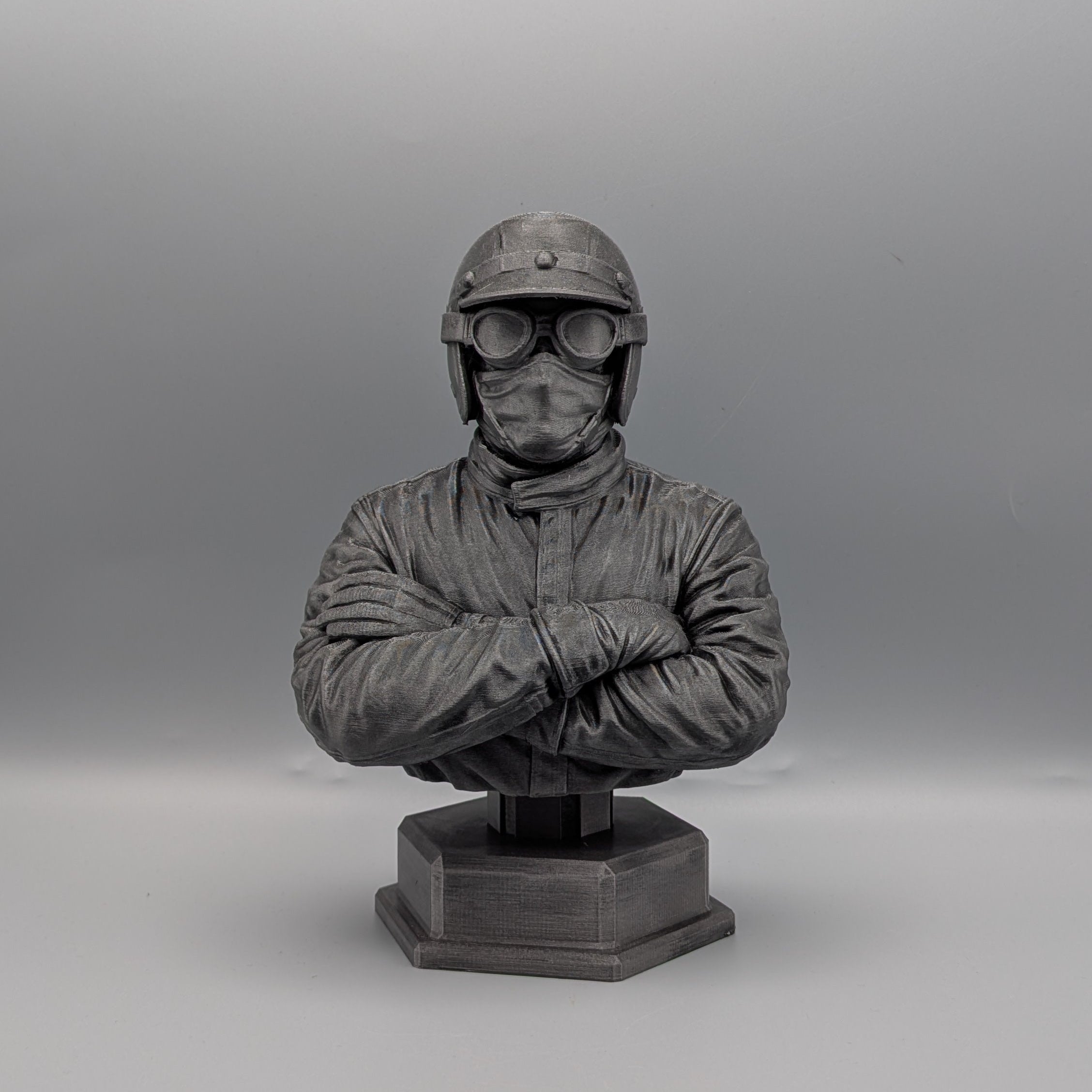 Vintage racer bust front view motorsport sculpture